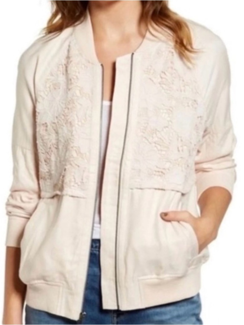 Women’s Lace-Detail Light Pink Zip Jacket